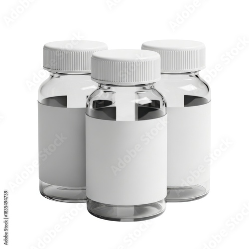 Three clear glass vials with white caps and blank labels isolated on white background