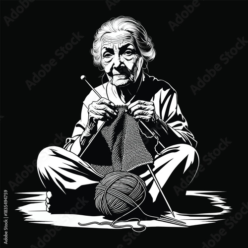 Elderly woman knitting with yarn and needles on black background vector design