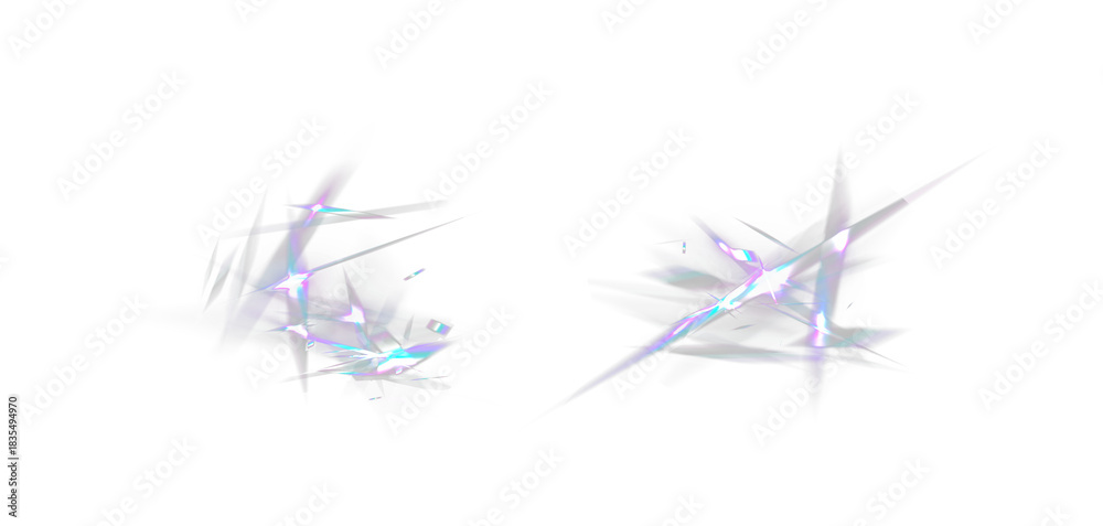 Naklejka premium Abstract crystal-like light burst with sharp prismatic beams in blue, violet and white tones, creating a dynamic shattered-light effect on a dark background.