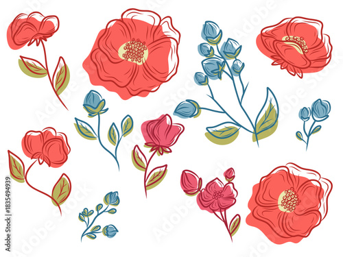 Elegant floral line art clipart set with delicate blossoms, buds, stems, and leaves perfect for cards, patterns, branding, packaging, and creative projects in modern hand drawn style