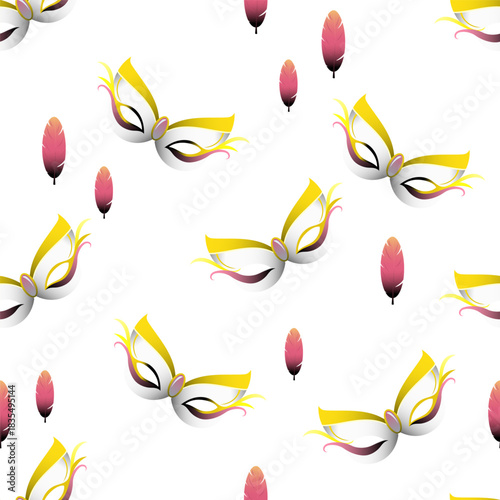 Elegant carnival masks with decorative feathers seamless pattern suitable for textile, fabric, scrapbook projects, gift wrapping, festive prints and various creative design products