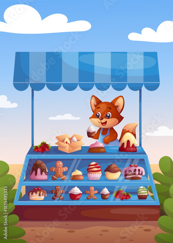Adorable fox selling pastries at a sweet stall with cakes, cupcakes and treats, perfect for childrens products, posters, packaging, branding, stickers and educational materials