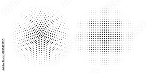 Set of dotted circles with halftone effect. Collection of round shapes with polka dot print isolated on white background. Simple circular design elements. Vector graphic illustration.