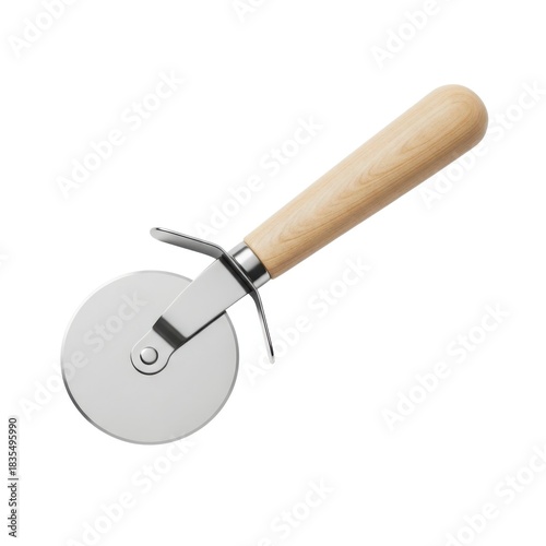 A classic wooden handled pizza cutter wheel tool isolated on white background