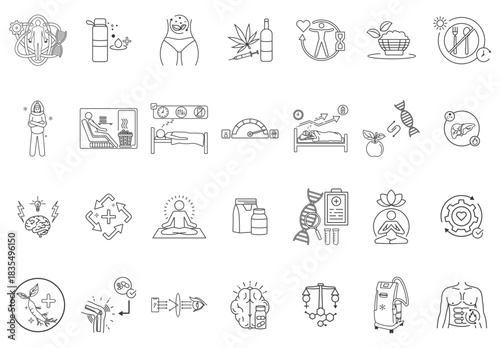 A collection of 28 icons about biohacking, including biohacking, hydrate, detox, drugs, longevity, organic food, fasting, cold exposure, sauna, sleep hygiene with thin lines and a white background.