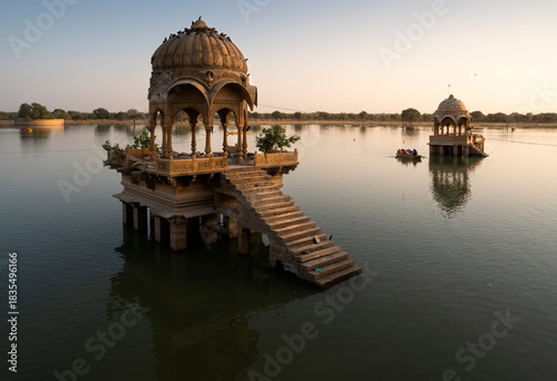 Sunset cruise on Gadisar lake in Jaisalmer, Rajasthan, India.