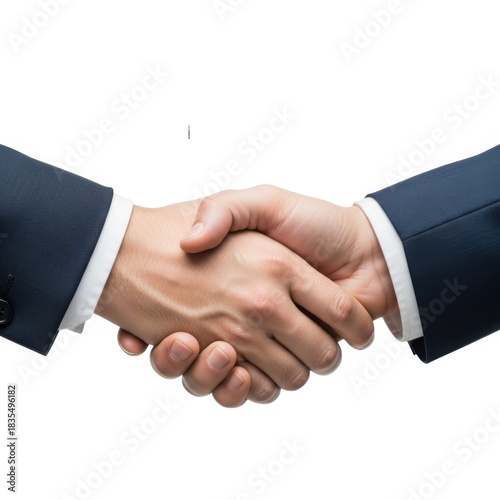 Two business people shaking hands firmly in agreement isolated on white background