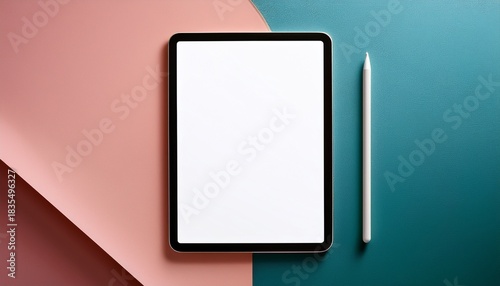 digital tablet mockup with blank screen and stylus on pastel background