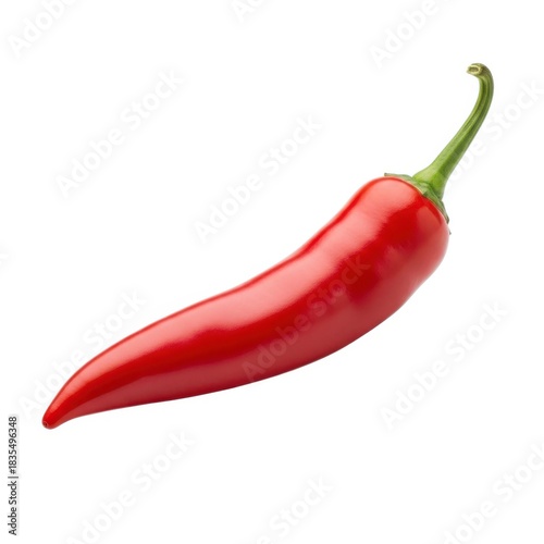A single ripe red chili pepper with a green stem isolated on white background