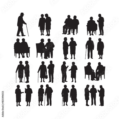 Elderly Silhouettes Collection, Senior Silhouette, Old People Vector, Aging Illustration Set