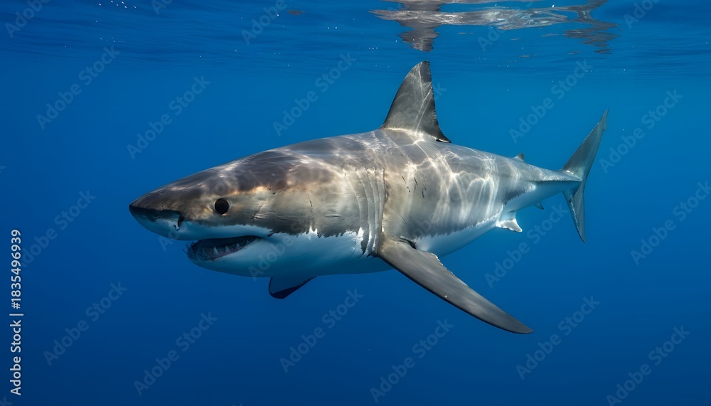 Fototapeta premium Great white shark swimming in deep blue ocean waters
