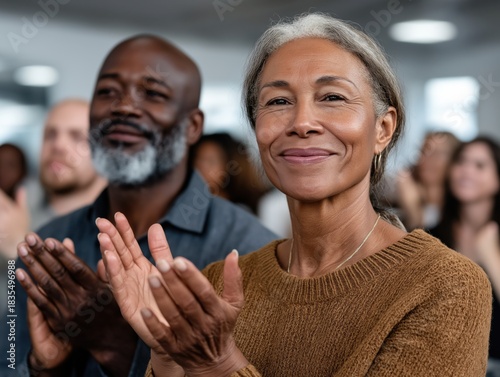 Diverse audience of adults, including an older woman with gray hair and a man with a beard, clapping and smiling during an event, showcasing engagement and appreciation for the presentation
