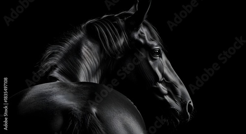 Dramatic black and white portrait of a horse head in deep shadow