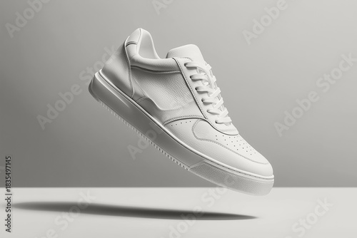 White sneaker floating in mid-air against a plain background with soft shadow