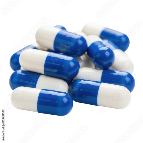 A pile of blue and white gelatin capsules isolated on white background