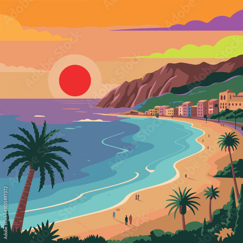 Coastal town with palm trees and ocean at sunset beach