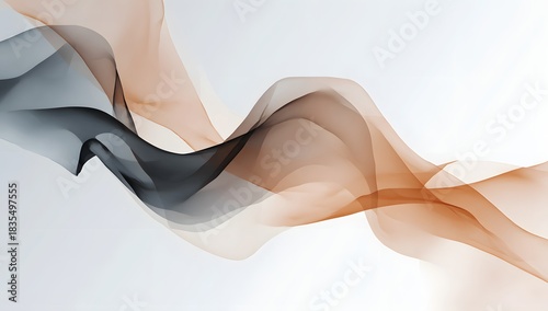 Minimalistic abstract representation of smoke in graceful grey and orange hues flowing elegantly across a white background