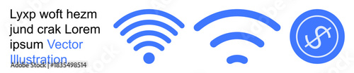 Wireless communication, internet connection, digital payment, mobile transactions, technology services, financial tech solutions. Blue wireless signal icons and a dollar currency symbol. Internet