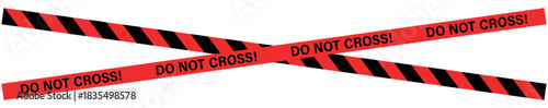 Two red and black striped barrier tapes with the words do not cross on a white background crossed together , ribbons, stripes, tape