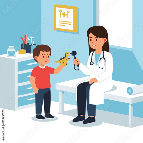 A friendly pediatrician examining a young boy with a toy dinosaur in a brightly lit medical examination room for a checkup.