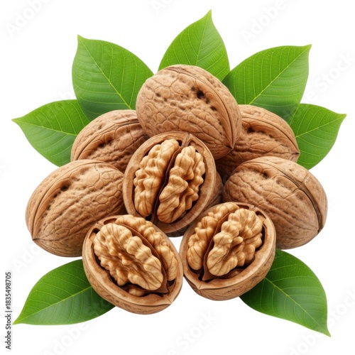 A pile of whole and cracked walnuts with green leaves isolated on white background