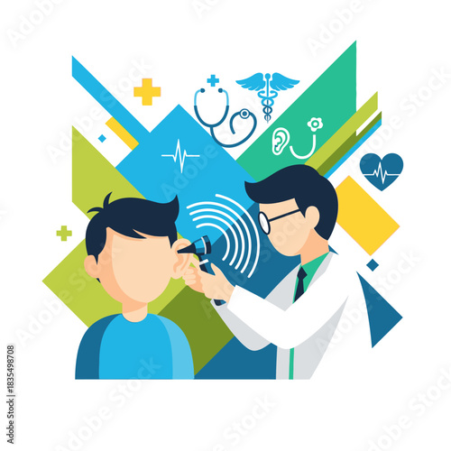 A medical professional examines a young patient's ear with an otoscope, set against a vibrant background of geometric shapes and medical symbols.