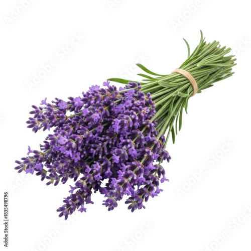 A fresh bunch of fragrant lavender flowers tied together isolated on white background