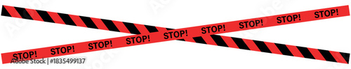 Two crossing warning tapes with stop text in black and red on a white background in a diagonal pattern , ribbons, stripes, tape
