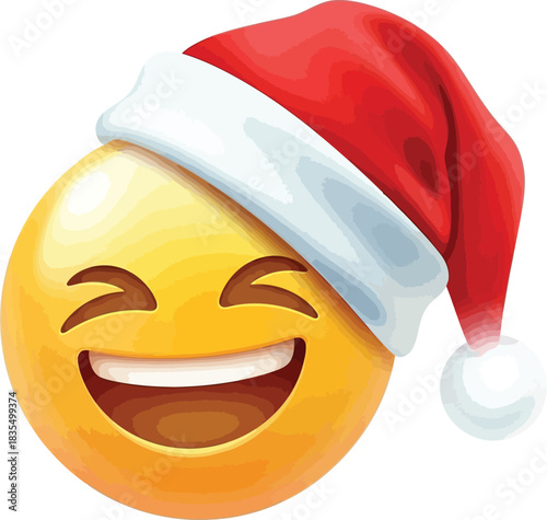 A joyful yellow emoji wearing a red santa hat with closed laughing eyes and a wide smile on a clean white background