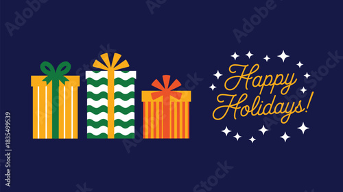 Festive Happy Holidays illustration featuring decorated gift boxes, sparkling stars and elegant script greeting on dark background, perfect for seasonal designs