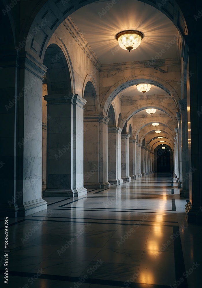 Fototapeta premium Elegant Hallway with Arches and Marble Columns Offers a Sense of Grandeur