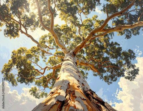 Tall tree reaching skyward, leaves bright