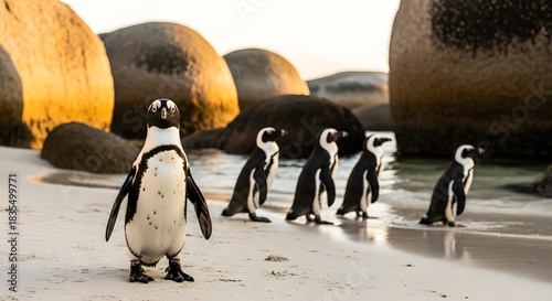 African penguins walking on boulders beach in south africa with natural light