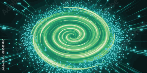 Abstract fractal burst background illustration of a blue and green spiral vortex in space with a star and light pattern twirl
