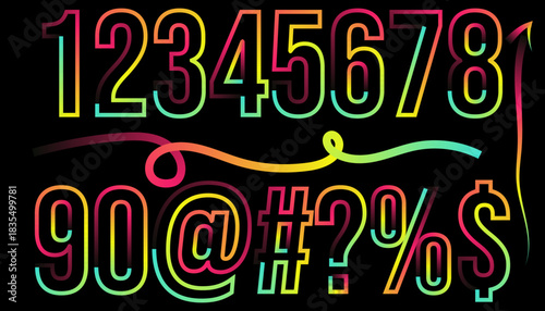 Colorful neon numbers and symbols on black background modern style