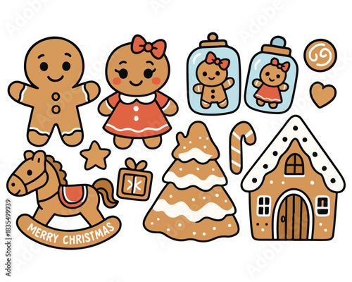 Cartoon vector set of sweet Christmas gingerbread man and woman cookies and fun animal bears and dogs for a baby holiday toy design