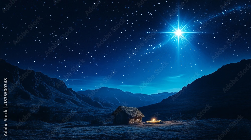 Naklejka premium Experience the magic of Christmas with a luminous star shining over a humble stable in a serene and peaceful nighttime landscape
