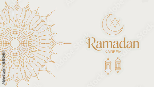 Elegant Ramadan Kareem Greeting Card Design with Crescent Moon Stars and Islamic Lanterns Featuring Golden Mandala on Beige Background