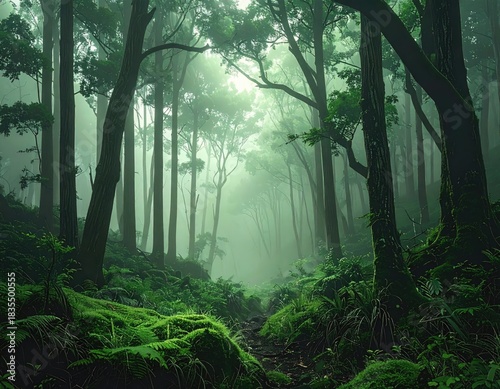 Misty green forest with mossy ground and tall trees