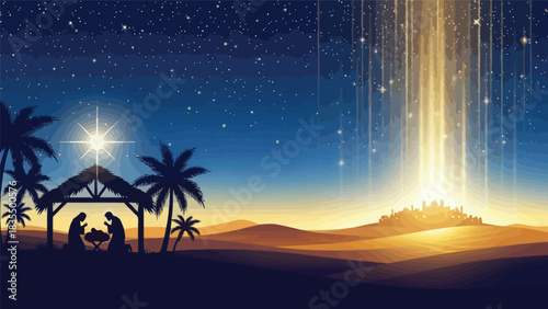 A peaceful nativity scene with the holy family beneath a radiant star surrounded by golden hills, silhouettes, and a shimmering blue night sky