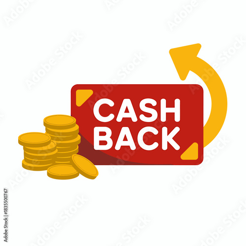 Cash back offer with golden coins and arrow promoting financial rewards and savings programs for consumers