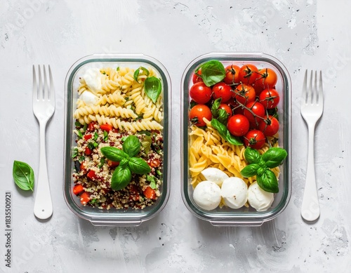 Two meal prep containers with pasta and tomato salad