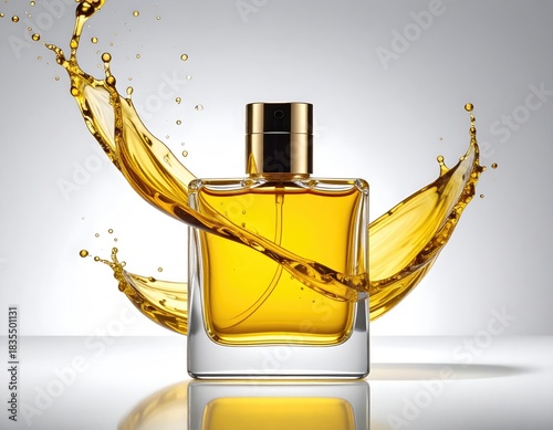 Perfume bottle with oil splash, warm glow