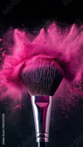 A makeup brush releasing a cloud of vibrant pink powder against a dark background.
