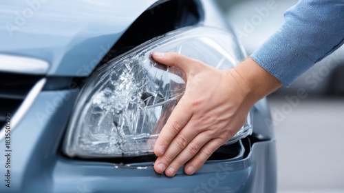 In a busy parking lot, a person carefully inspects a damaged headlight of a car as the sun sets. They appear focused and concerned about the repair needed