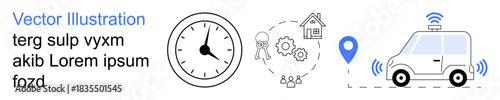 Smart cities, autonomous vehicles, GPS navigation, transportation, logistics, innovation. A car with GPS signals, gears and a clock icon. Smart cities and autonomous vehicles concept