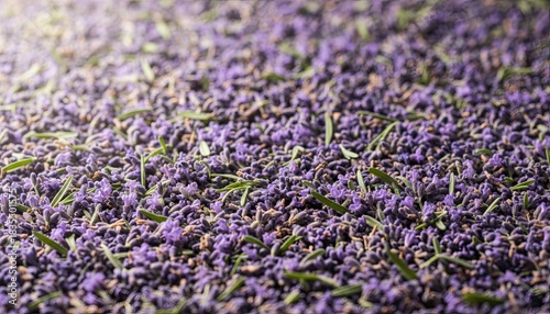 Close Up Macro View of Dried Lavender Flowers and Stems with Subtle Green Leaves in Warm Lighting