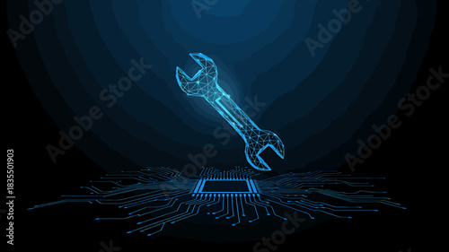 Digital Technology Repair Service Abstract Illustration with Wrench and Circuit Board on Dark Blue Background Representing Technical Support and System Maintenance
