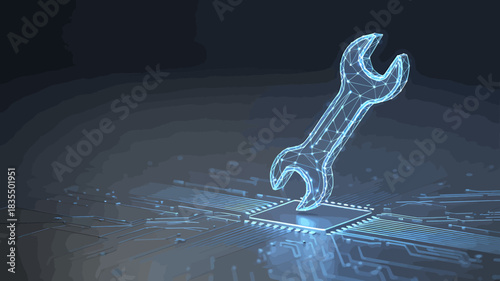 Digital Spanner on Microchip Represents Technical Support and Innovation in Technology Solutions with Blue Glow Effect