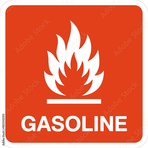 Orange gasoline safety sign with flame icon and white letters warning of flammable liquid hazard and need for caution